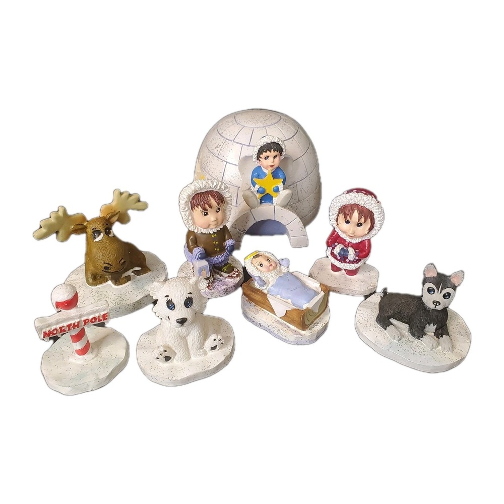 Vintage Alaskan Eskimo 8 Piece Nativity Set‎ Igloo North Pole Glitter Resin